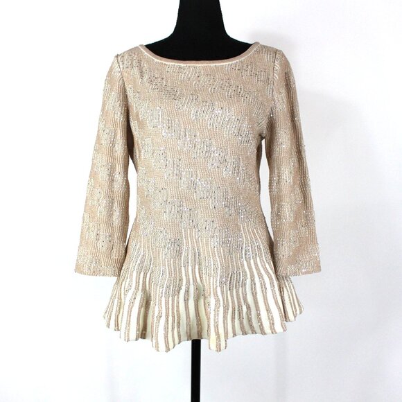 John Knit Gold Metallic Silver Sequin Textured Boatneck Peplum